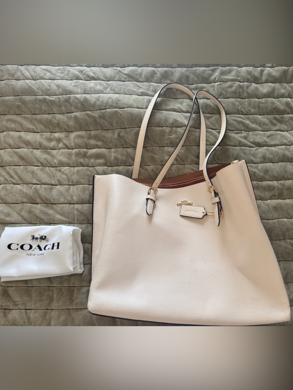 COACH Leather Tote in Cream with Brown Trim